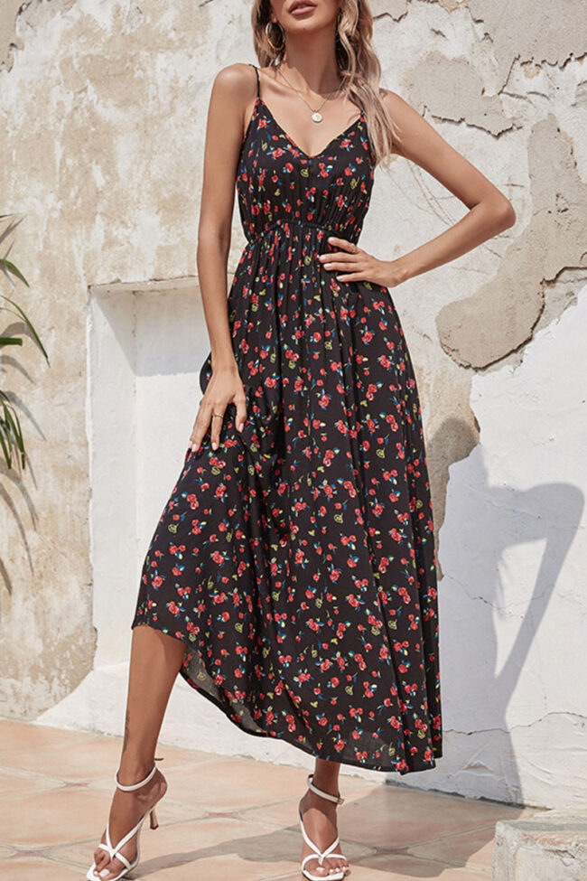 Fashion Street Print Split Joint V Neck A Line Dresses