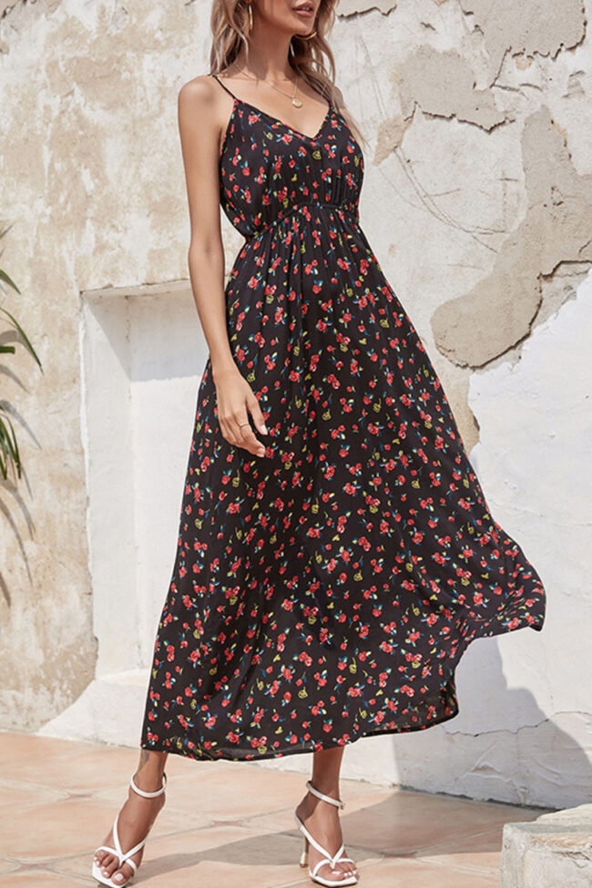 Fashion Street Print Split Joint V Neck A Line Dresses