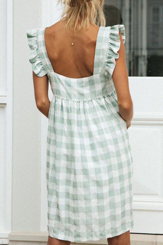 Fashion Casual Plaid Split Joint Square Collar Princess Dresses