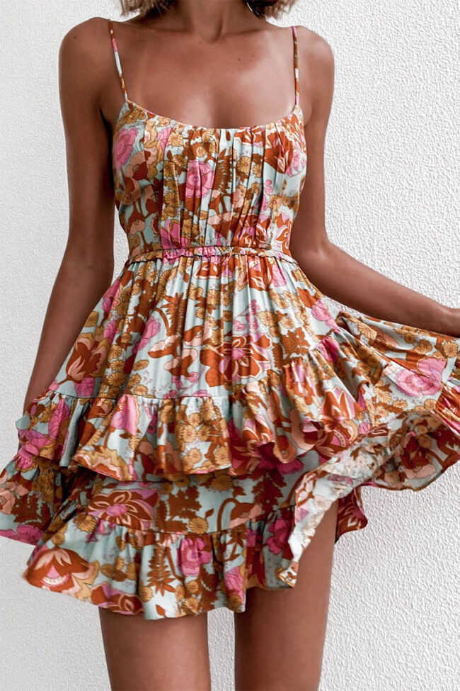 Street Print Split Joint Spaghetti Strap Cake Skirt Dresses