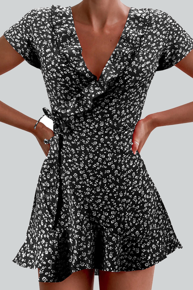 Fashion Print Frenulum Flounce V Neck A Line Dresses