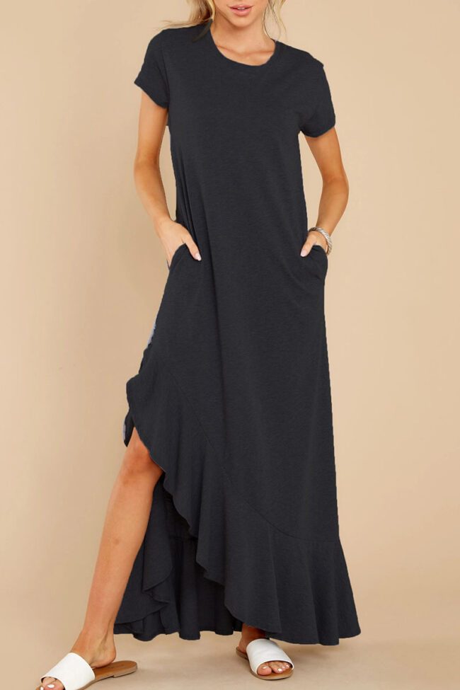 Fashion Casual Solid Split Joint O Neck Irregular Dresses