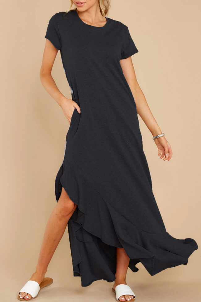 Fashion Casual Solid Split Joint O Neck Irregular Dresses