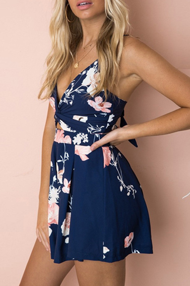 Sexy Floral Backless With Bow V Neck Regular Jumpsuits