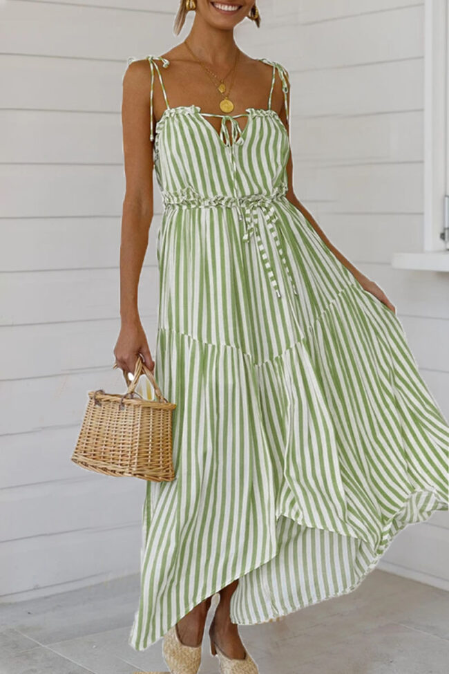 Street Striped Split Joint Spaghetti Strap Irregular Dresses