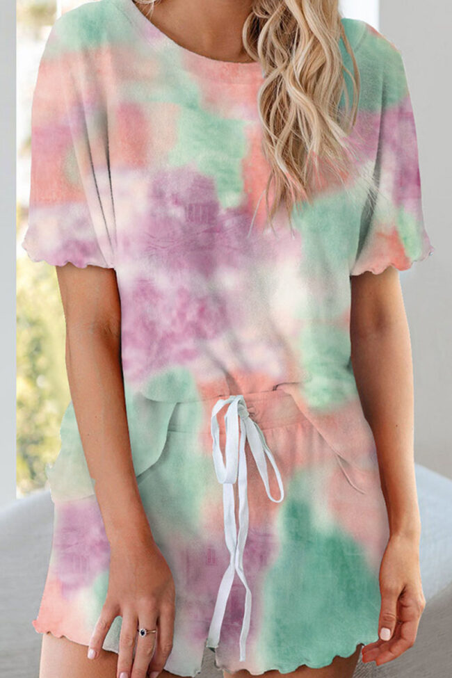 Living Tie Dye Split Joint O Neck Short Sleeve Two Pieces