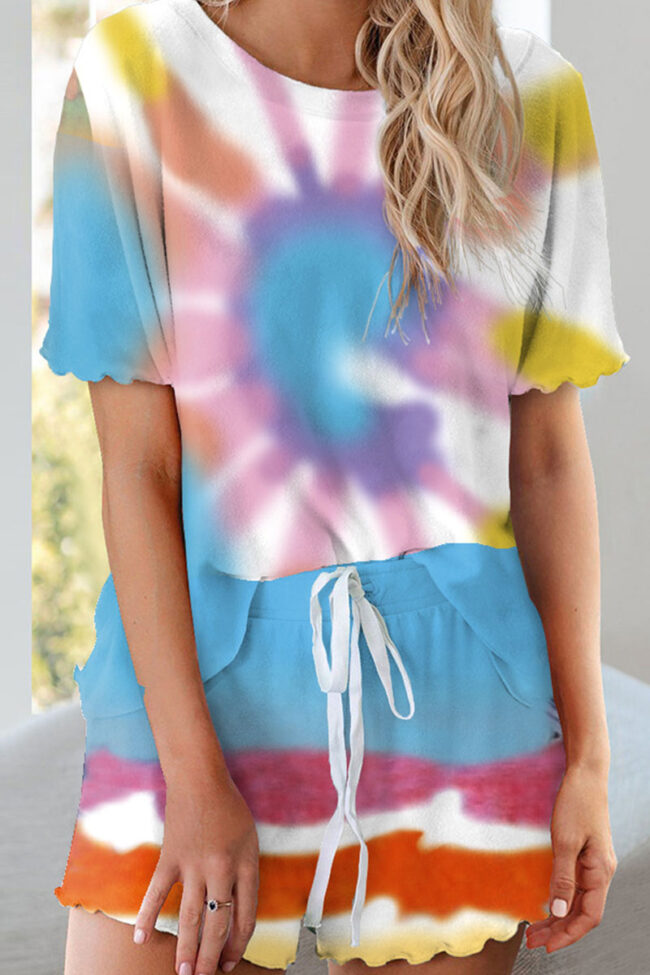 Living Tie Dye Split Joint O Neck Short Sleeve Two Pieces