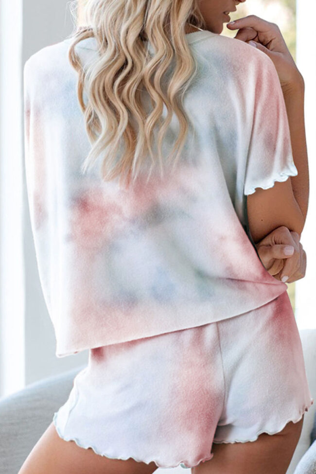 Living Tie Dye Split Joint O Neck Short Sleeve Two Pieces