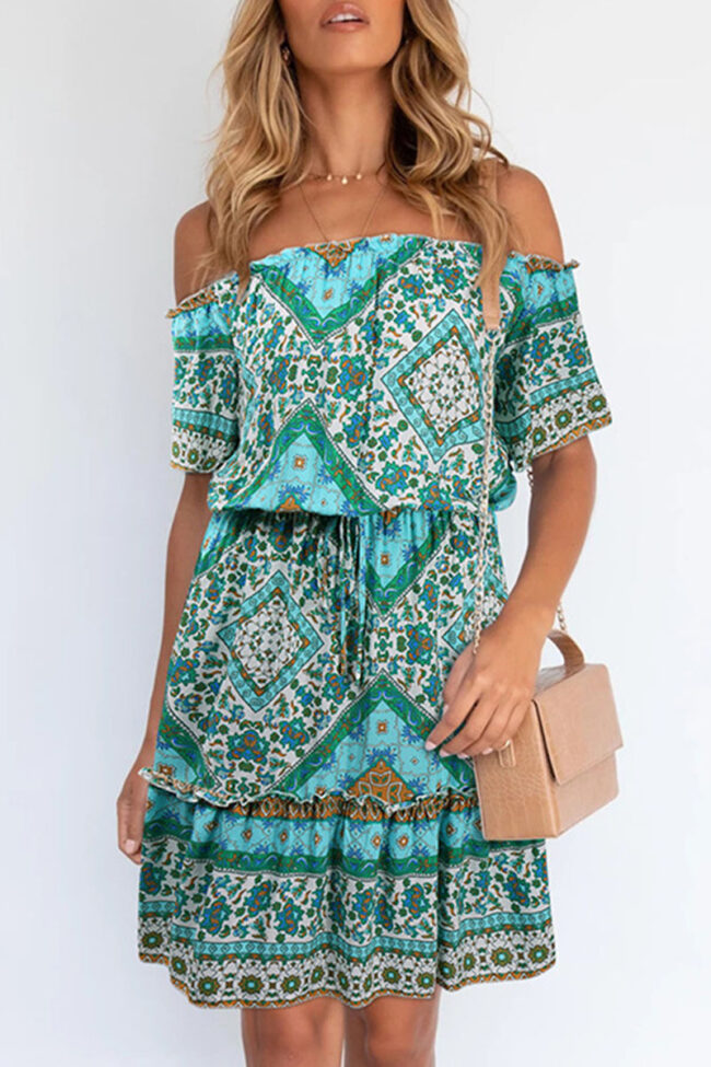 Elegant Print Split Joint Off the Shoulder A Line Dresses