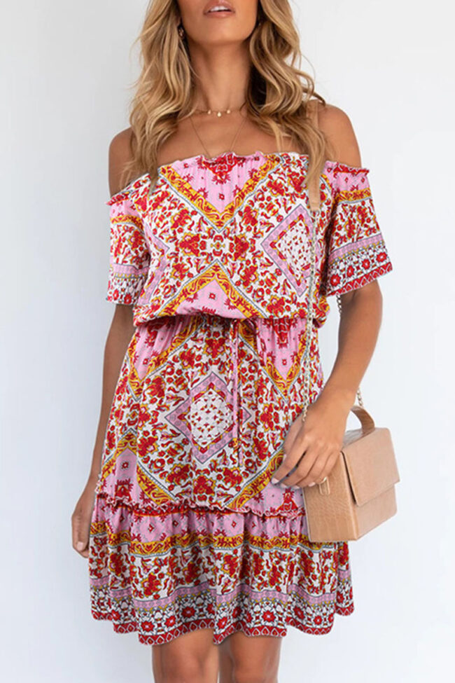 Elegant Print Split Joint Off the Shoulder A Line Dresses