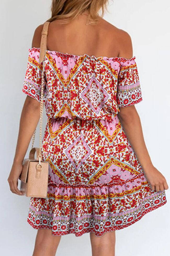 Elegant Print Split Joint Off the Shoulder A Line Dresses