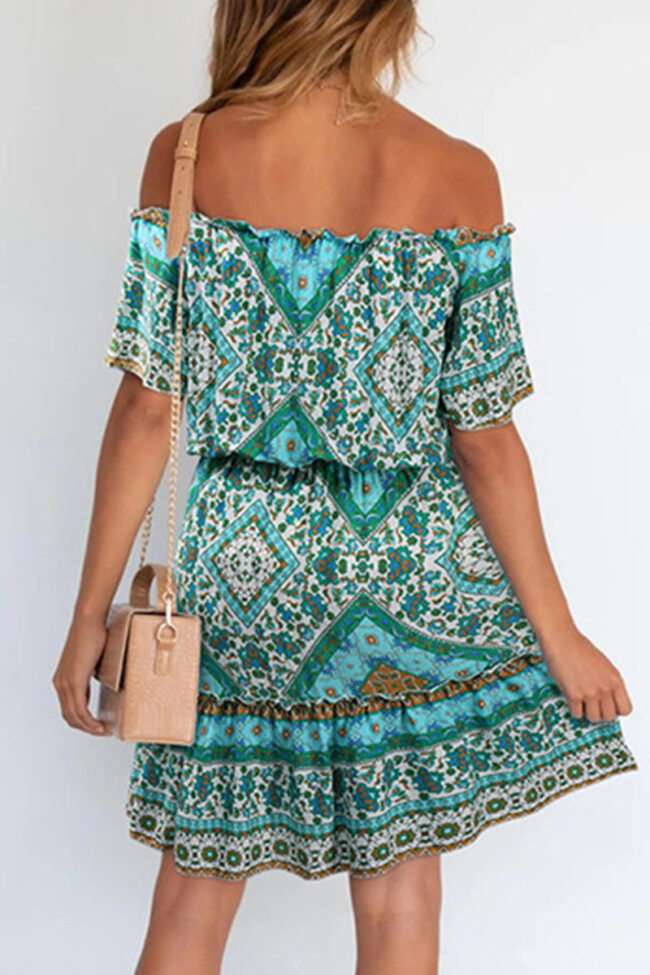 Elegant Print Split Joint Off the Shoulder A Line Dresses