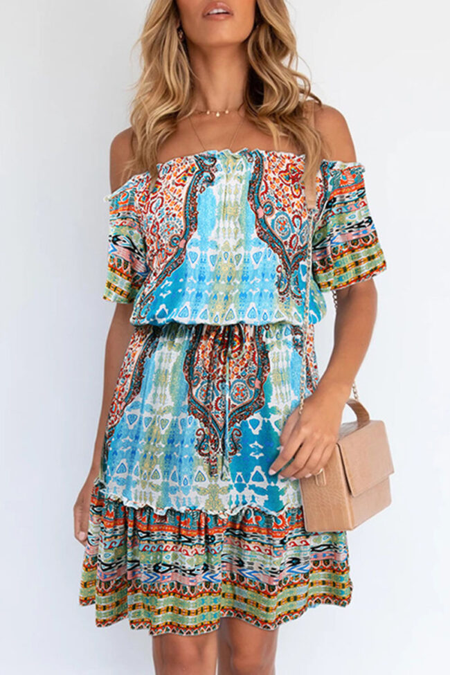 Elegant Print Split Joint Off the Shoulder A Line Dresses