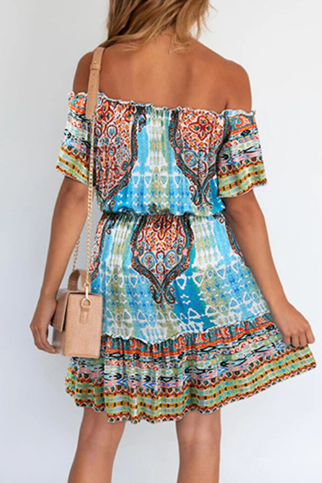 Elegant Print Split Joint Off the Shoulder A Line Dresses