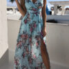 Fashion Street Print Split Joint V Neck Irregular Dresses