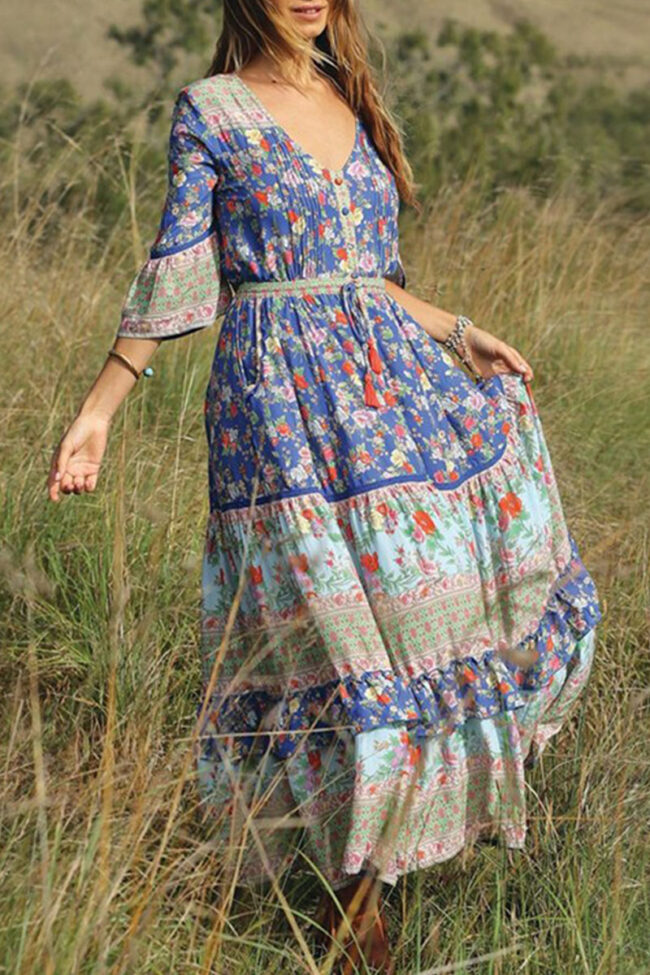 Fashion Bohemian Print Split Joint V Neck Printed Dresses