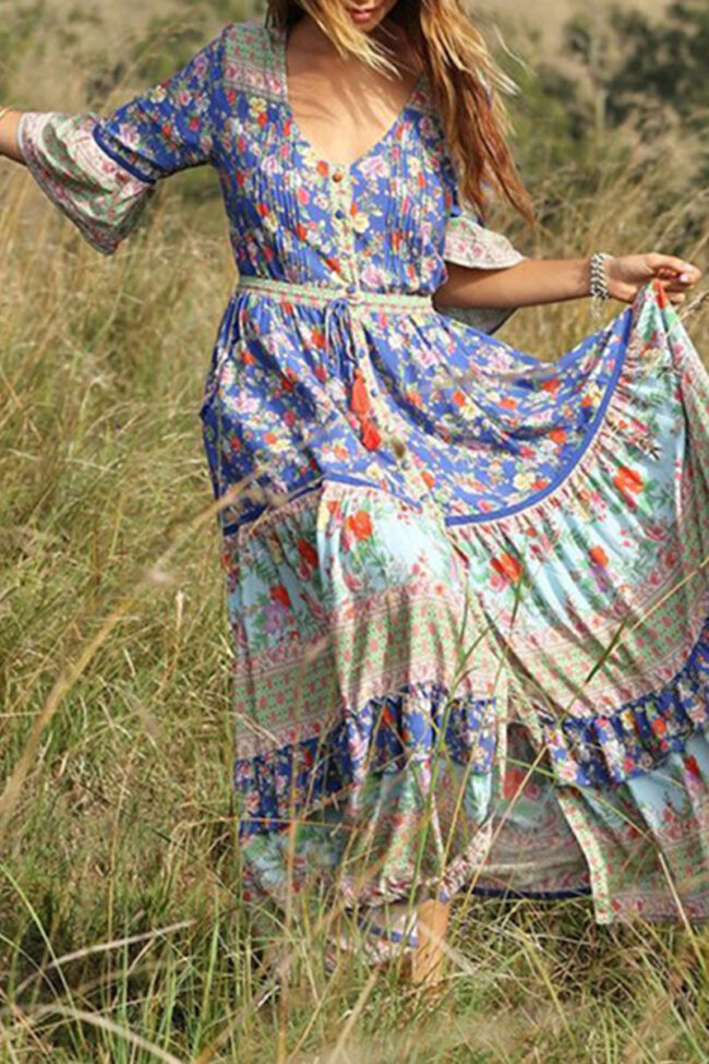 Fashion Bohemian Print Split Joint V Neck Printed Dresses