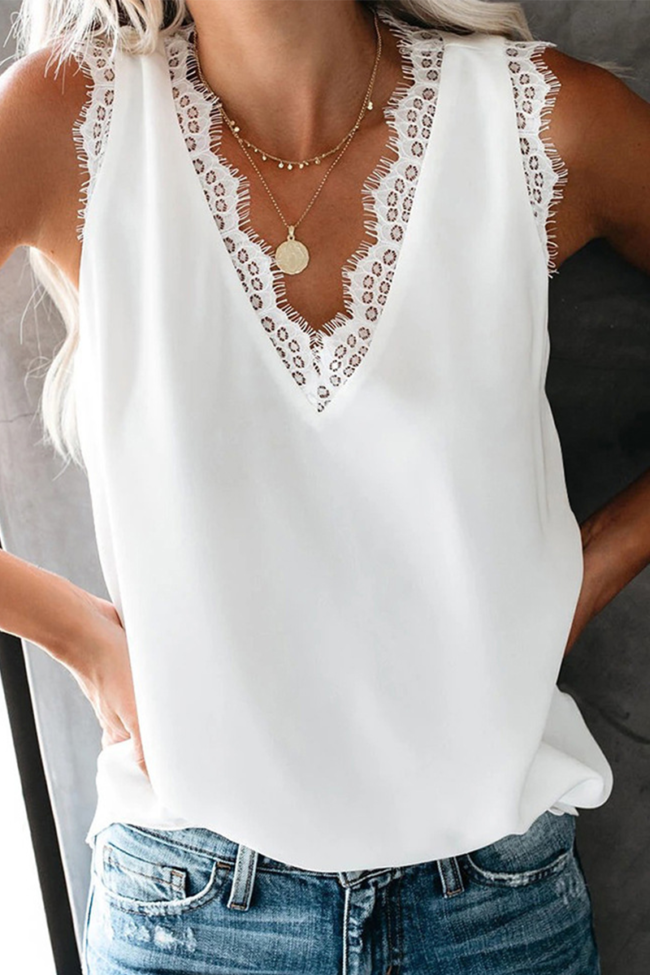 Casual Solid Lace Split Joint V Neck T-Shirts