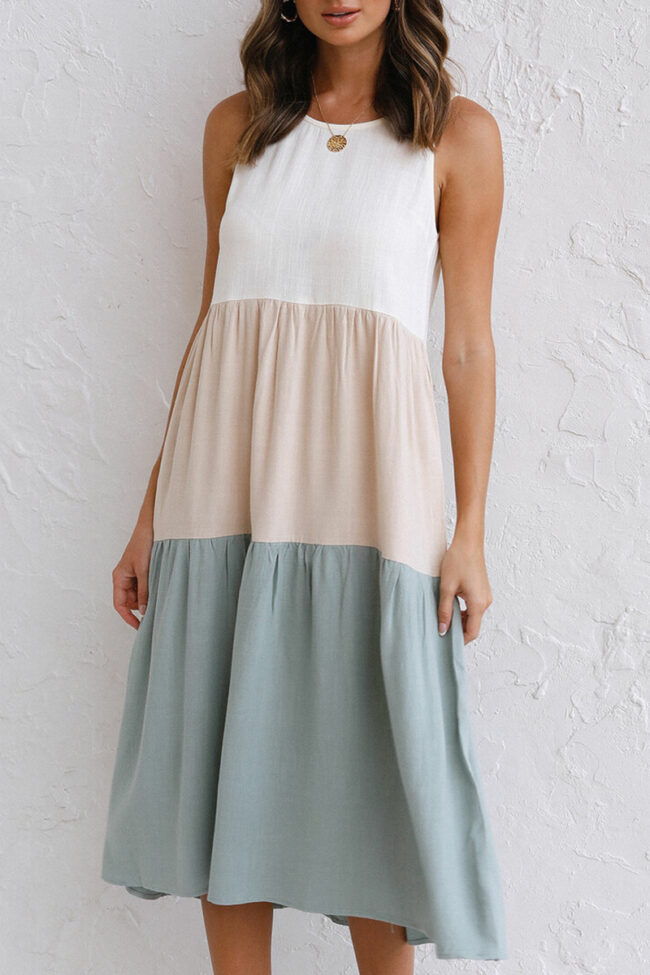 Simplicity Color Lump Patchwork Pocket Contrast Dresses