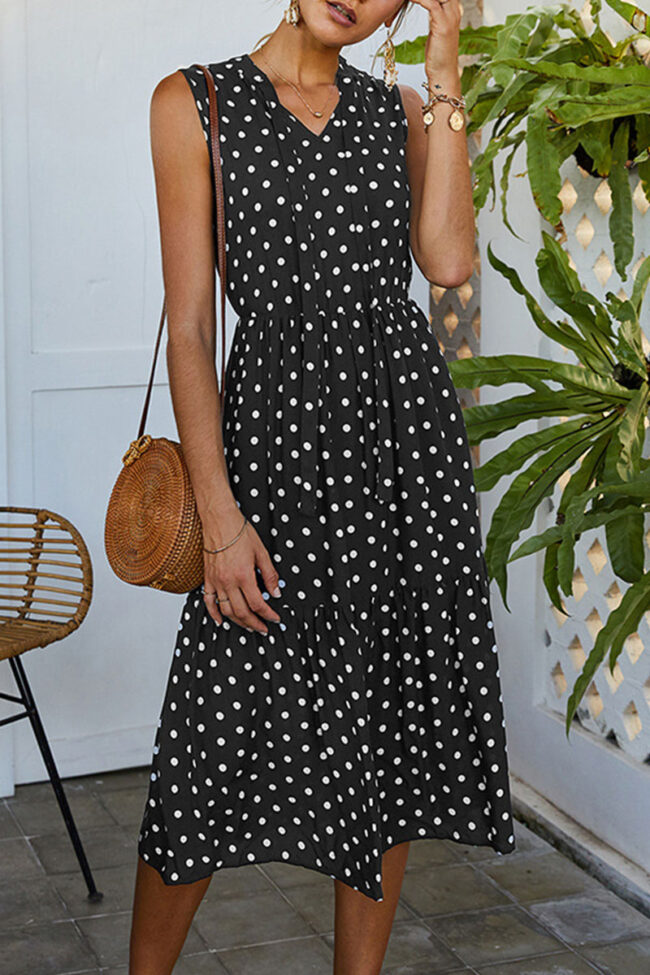 Fashion Casual Dot Split Joint V Neck A Line Dresses