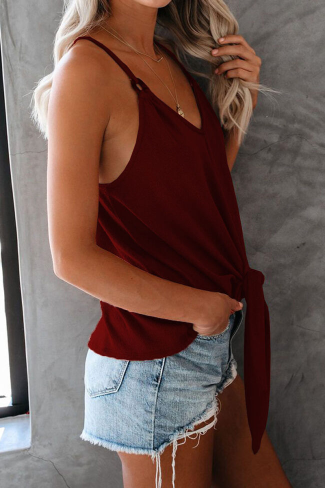 Fashion Street Solid Frenulum V Neck Tops