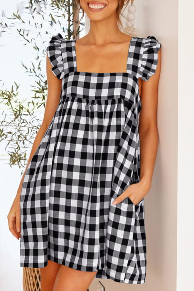 Fashion Casual Plaid Split Joint Square Collar A Line Dresses