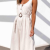 Elegant Solid Buttons With Belt U Neck Regular Jumpsuits