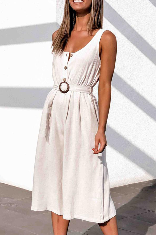 Elegant Solid Buttons With Belt U Neck Regular Jumpsuits