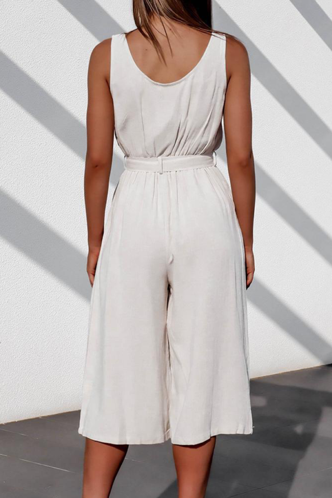 Elegant Solid Buttons With Belt U Neck Regular Jumpsuits