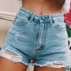 Fashion Street Solid Ripped High Waist Straight Denim Shorts