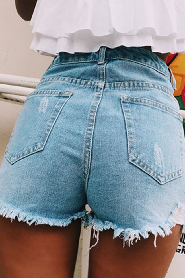 Fashion Street Solid Ripped High Waist Straight Denim Shorts