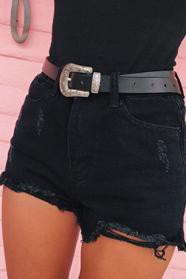 Fashion Street Solid Ripped High Waist Straight Denim Shorts