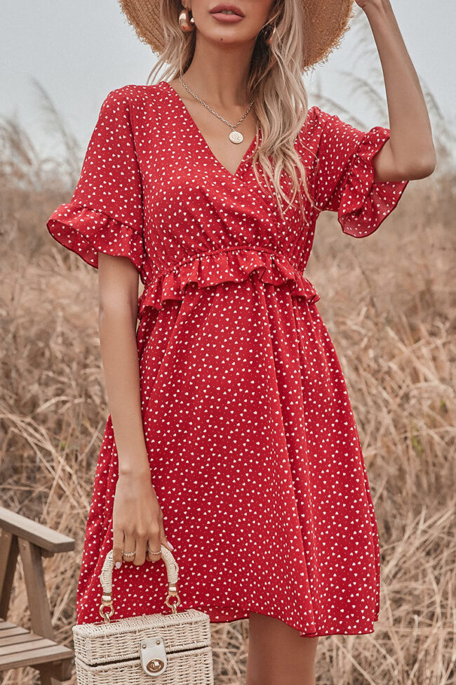 Fashion Sweet Print Split Joint V Neck A Line Dresses