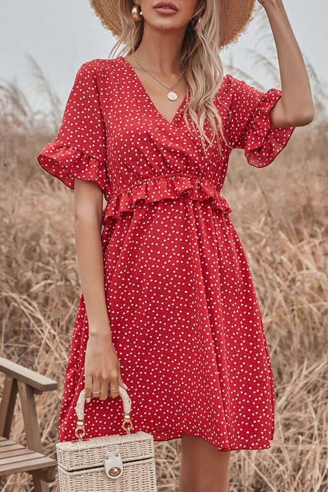 Fashion Sweet Print Split Joint V Neck A Line Dresses