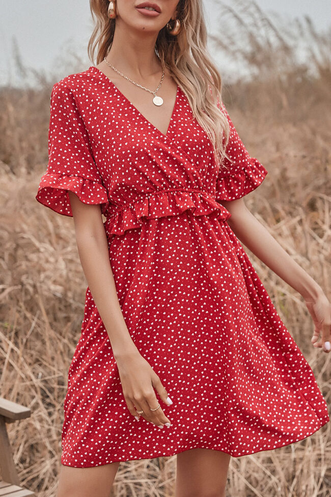 Fashion Sweet Print Split Joint V Neck A Line Dresses