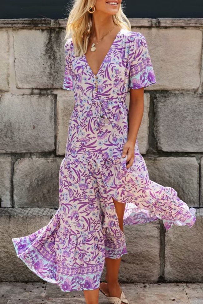 Casual Street Floral Split Joint V Neck A Line Dresses