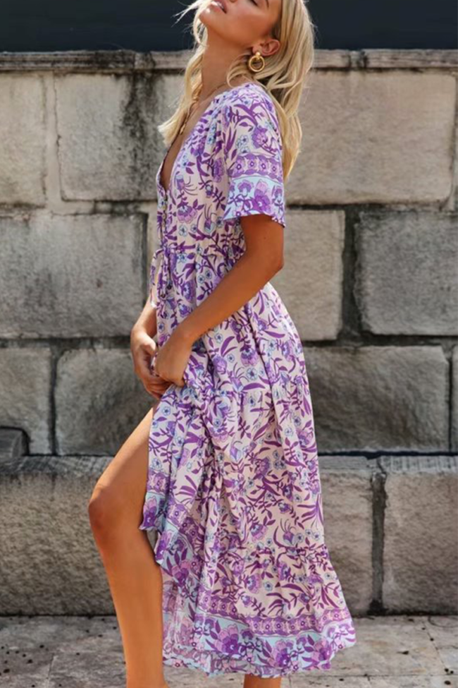 Casual Street Floral Split Joint V Neck A Line Dresses