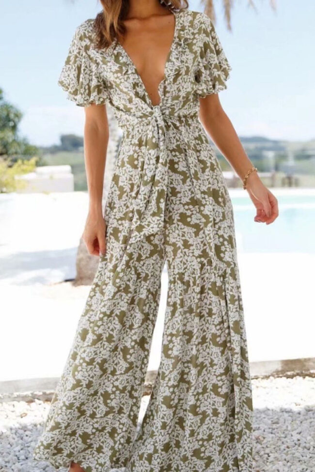 Fashion Sexy Print Split Joint V Neck Loose Jumpsuits