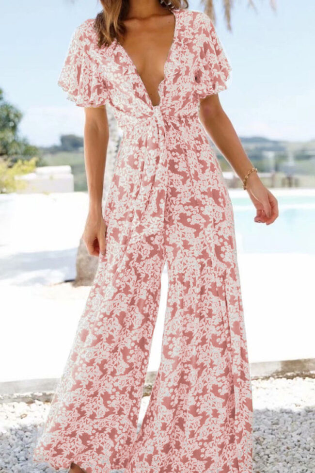 Fashion Sexy Print Split Joint V Neck Loose Jumpsuits