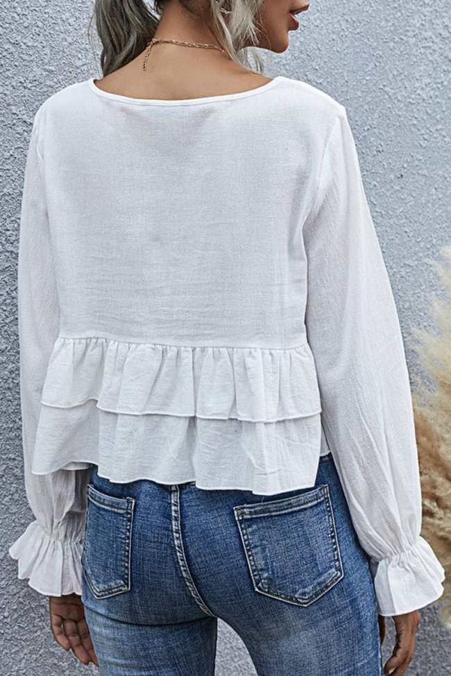 Casual Patchwork Solid Flounce Fold O Neck Tops