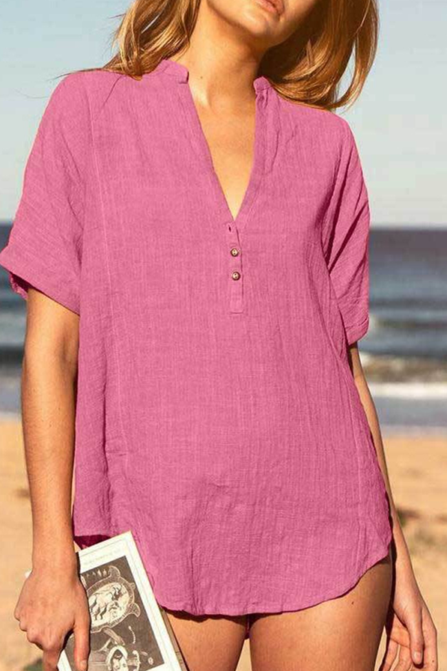 Casual Solid Buttons Basic V Neck Tops