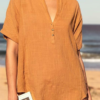 Casual Solid Buttons Basic V Neck Tops