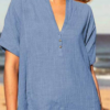 Casual Solid Buttons Basic V Neck Tops