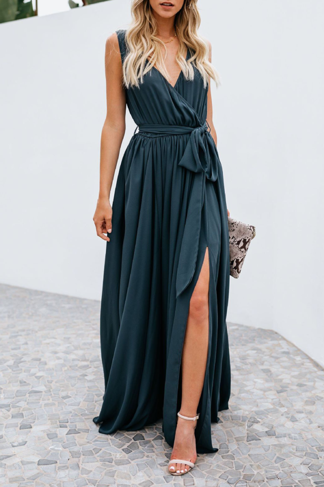 Sexy Solid Bandage Slit V Neck Sleeveless Dress Dresses