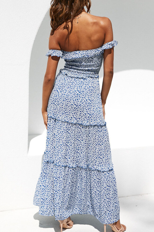 Fashion Sweet Print Split Joint Off the Shoulder A Line Dresses