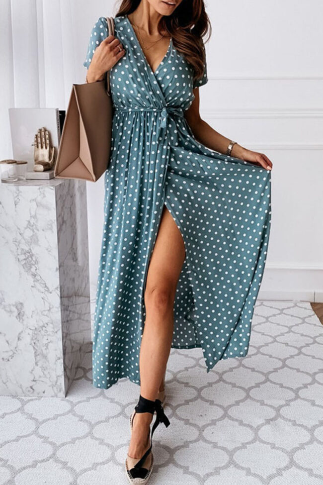 Fashion Sexy Dot Slit V Neck Printed Dresses