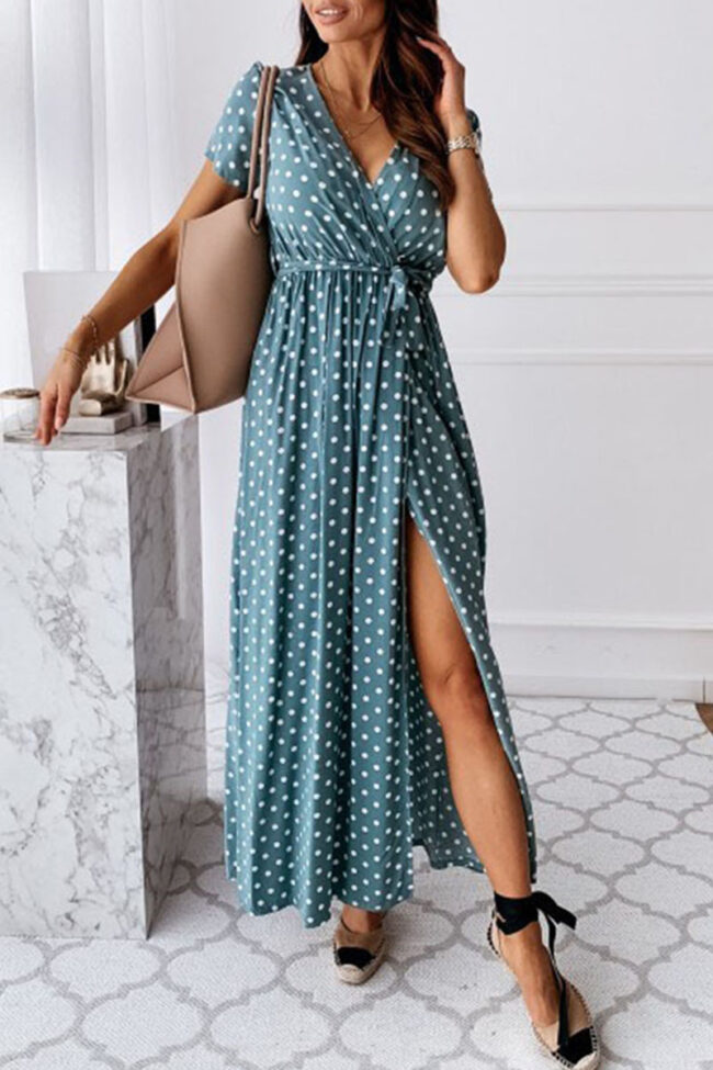 Fashion Sexy Dot Slit V Neck Printed Dresses