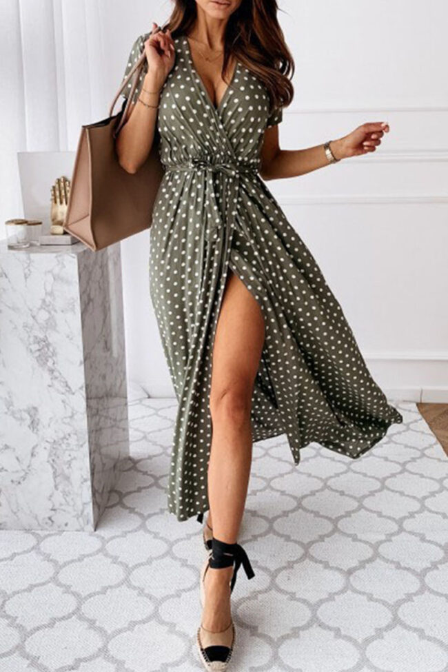 Fashion Sexy Dot Slit V Neck Printed Dresses