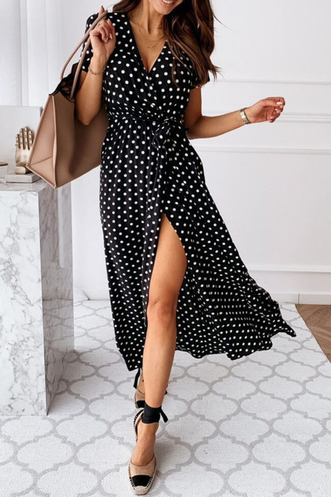 Fashion Sexy Dot Slit V Neck Printed Dresses