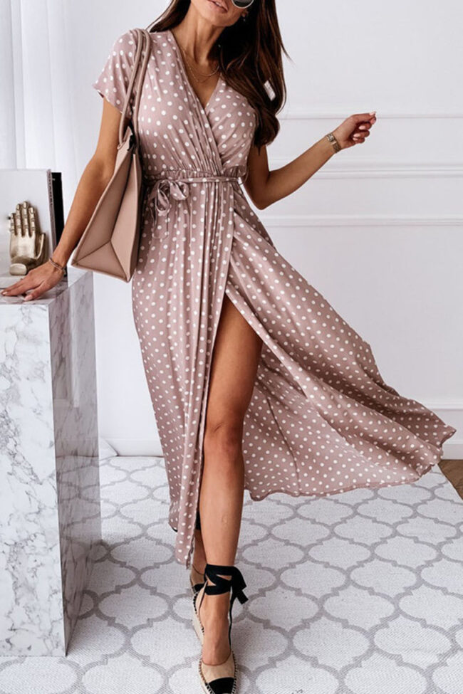 Fashion Sexy Dot Slit V Neck Printed Dresses